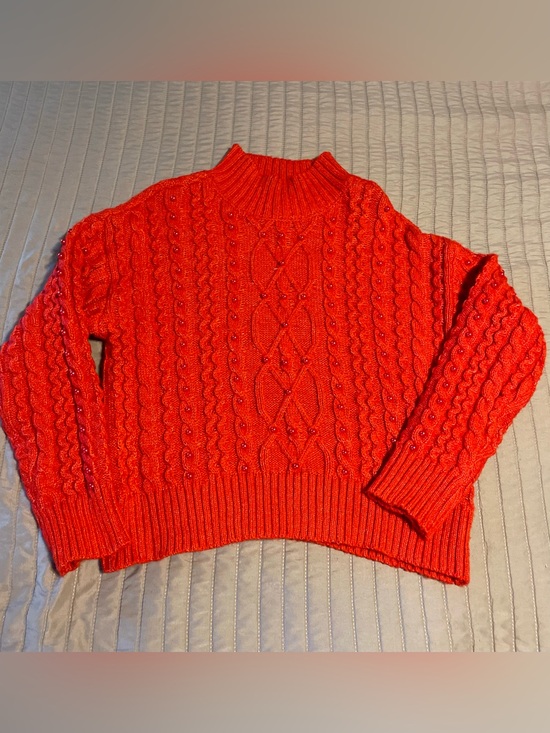 crown & ivy Sweaters - Crown & Ivy Red Cable Knit Pearl Beaded Sweater Small Mock Neck Cozy Winter